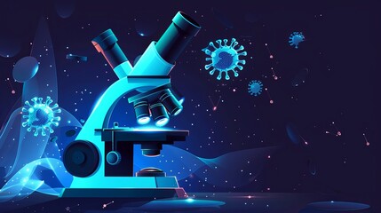 The vector illustration depicts a microscope observing blue-colored germs, offering a visual representation of microbial entities under magnification. - obrazy, fototapety, plakaty