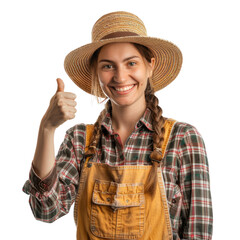 Portrait of white female farmer, giving a thumbs up and smiling happily, waist up photo, isolated on white