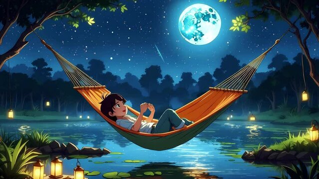 A lo-fi boy chills in a hammock near a lake, under a moonlight sky with falling stars, seamless 4K lofi looping animation.