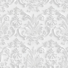 Elegant White 3D Damask Wallpaper: Seamless Luxury Baroque Pattern for Chic Interior Design