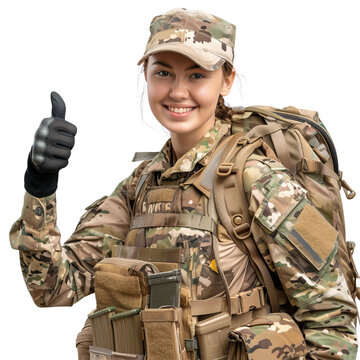 Portrait of white female soldier, giving a thumbs up and smiling happily, waist up photo, isolated on white