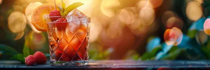 fruity summer cocktail next to a garden 