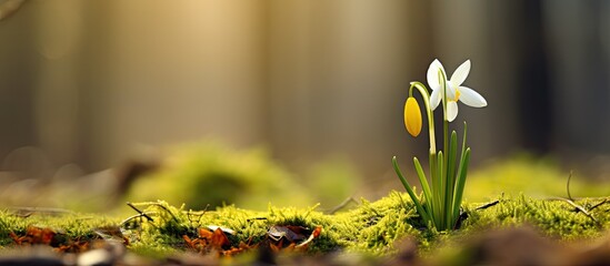 A small white flower rests delicately on top of lush green moss-covered ground. The contrast between the flower and the moss creates a visually striking scene that highlights the intricate beauty of - Powered by Adobe