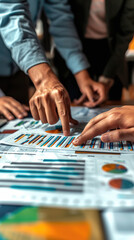 Group of confident business people point to graphs and charts to analyze market data