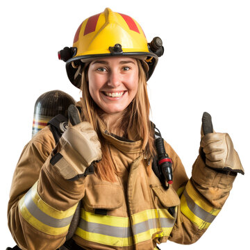 Portrait of white female firefighter, giving a thumbs up and smiling happily, waist up photo, isolated on white