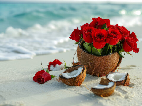 Wedding bouquet of delicate red rose flowers
in a vase from broken coconut
on sandy beach of ocean shore
in Maldives. Piece of paradise.