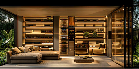 Obraz premium A luxurious restaurant with high ceilings, crystal chandeliers and a wine cellar, inviting to enj