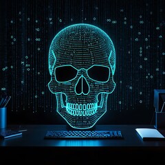 neon sign in the shape of a skull superimposed on a dark digital background symbolizing a ransomware