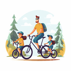 Active family riding on bike at forest park vector f