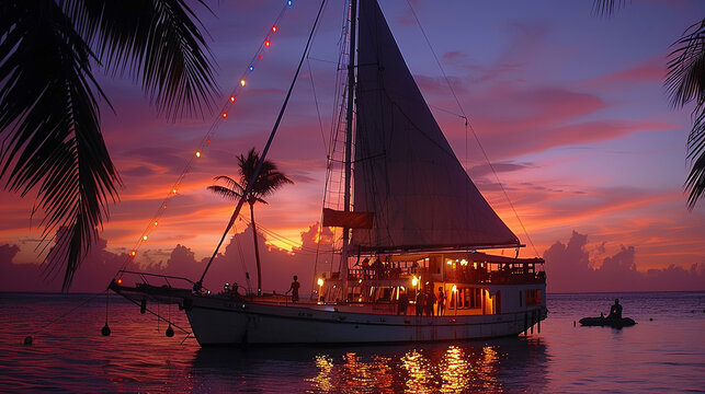 A romantic sunset on the ocean, where delicate shades of pink and orange paint the sky, reflect