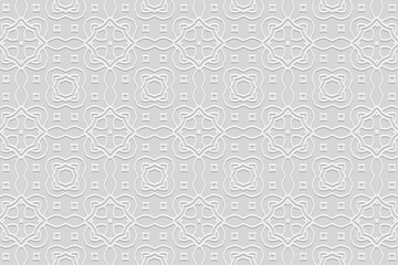 Embossed white background, cover design. Handmade. Geometric decorative 3D pattern. Ornaments, arabesques, boho style. Exotic of the East, Asia, India, Mexico, Aztec, Peru. Ideas for design and decor.