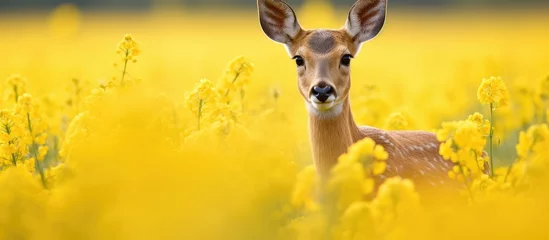 Rolgordijnen A European roe deer stands in a field of yellow flowers in North Rhine Westphalia. The deer looks around the meadow, blending in with the vibrant yellow blooms. © AkuAku