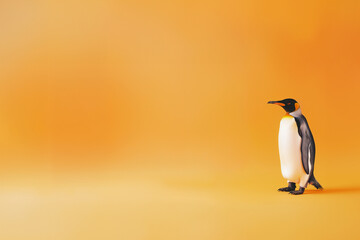 pingouin, oiseau marin noir et blanc avec le bec et la tête  à tâches orangées, aux pates palmées, vivant sur la banquise, sur un fond orange avec espace négatif pour texte copyspace - obrazy, fototapety, plakaty