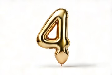 Fototapeta na wymiar golden balloon shape for number 4 on white background, Golden number four balloon shape for birthdays, parties and celebrations