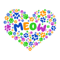 Colorful Heart with Cat's footprints and text meow vector illustration