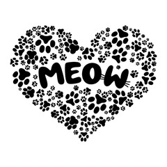 Black Heart with Cat's footprints and text meow vector illustration