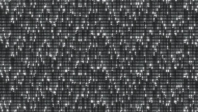 The black and white text matrix rain falling animation as 3d modeling "Heart Sutra" popular canonical scriptures sutra in Buddhism about Form is emptiness, emptiness is form. seamless loop animation.