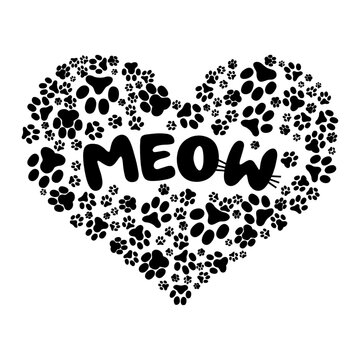 Black Heart with Cat's footprints and text meow vector illustration