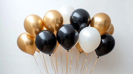 A cluster of black and gold balloons, a celebratory mood set in AI generative style.