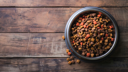 A full metal bowl of nutritious mixed pet food on a wooden floor, ready for feeding time, AI Generative. - obrazy, fototapety, plakaty
