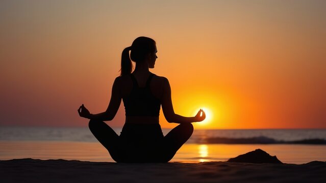 Silhouette of a girl at sunset doing yoga and meditation, A young healthy woman doing yoga on the beach at sunset