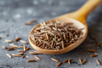 light brown fragrant caraway spice in wooden spoon close up. High quality photo - obrazy, fototapety, plakaty