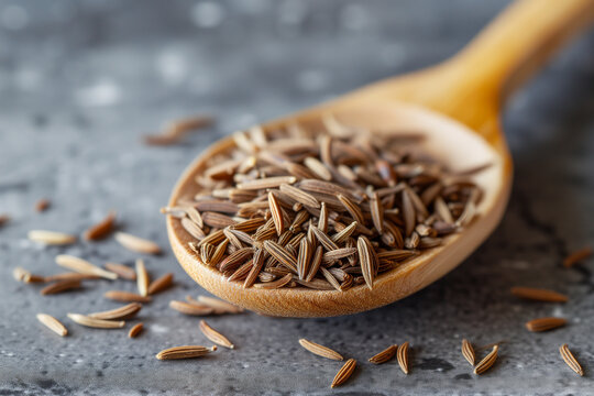 light brown fragrant caraway spice in wooden spoon close up. High quality photo