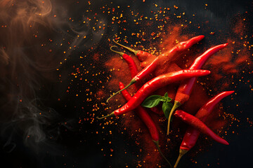 raw red chilly and powder burst isolated on black background, close up. High quality photo