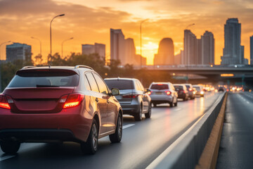 A red car is driving down a busy highway with many other cars in the background