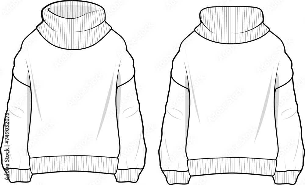 Wall mural Women's Roll Neck Jumper. Technical fashion illustration. Front and back, white color. Women's CAD mock-up. - Wall murals
