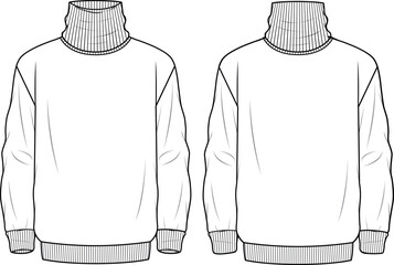 Men's Roll Neck, Drop Shoulder Jumper Technical fashion illustration. Front and back, white color. Men's CAD mock-up.
