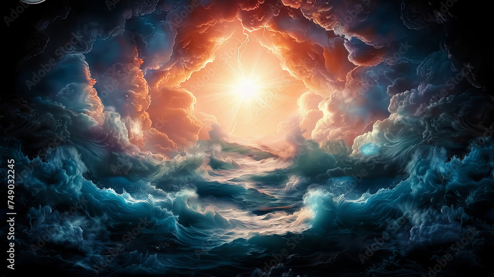 Poster summer thunderstorms, with powerful thunder and lightning, creating an atmosphere of mystery and
