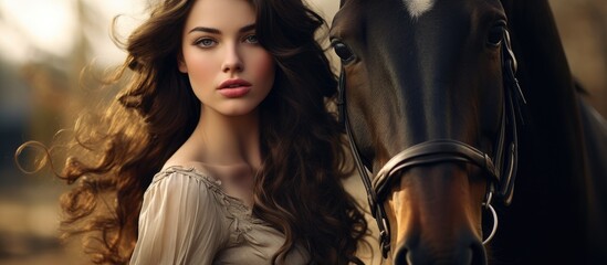 A beautiful young woman stands next to a horse in an outdoor setting. The woman appears calm and confident, while the horse looks relaxed and attentive.