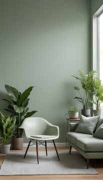 A monochromatic sage green wall adorns this pleasant modern living room. Modern home design featuring a table, chair, houseplants, and contemporary wall color. 