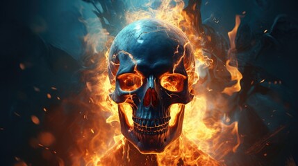 human skull in fire. death and hell. human skeleton and flame. - obrazy, fototapety, plakaty