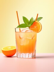 Transparent glass of fresh cocktail with a slice of lemon or orange. colorful drink on a Peach Fuzz background.