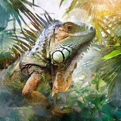 double exposure, iguana in the forest