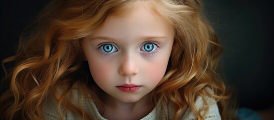 A close-up of a two and a half-year-old girl with bright blue eyes staring directly at the camera, capturing the intensity and curiosity in her gaze.