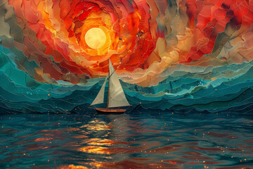 A realistic painting of a sailboat gliding across the ocean waves, surrealism, sunset or sunrise - obrazy, fototapety, plakaty