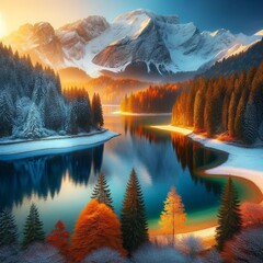 Mountain nature autumn view over lake at sunrise golden hour generative AI