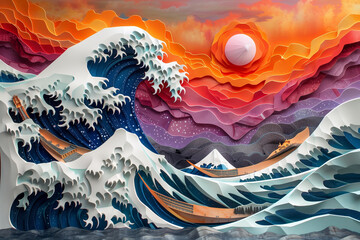 A painting depicting a wave in motion with a sunset in the background, creating a dynamic and atmospheric scene, surrealism