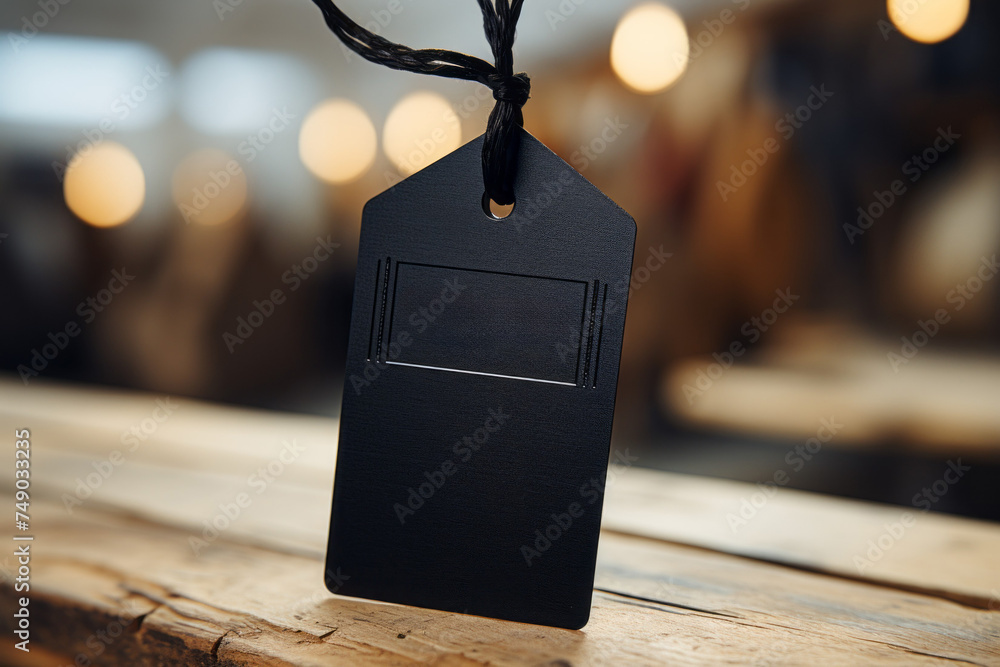 Sticker A black tag with a white label sits on a wooden surface