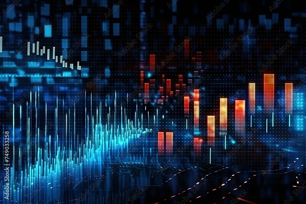 Poster a computer generated image of a stock market with blue and red lines