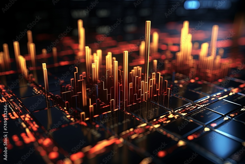 Aufkleber a computer generated image of a city with orange buildings and a dark background