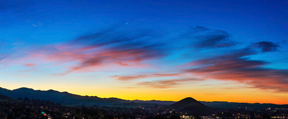 Panorama of sunset, sunrise, over mountains, sky