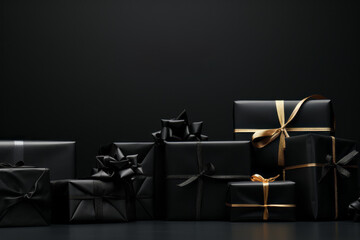 A stack of black boxes with gold ribbons on top