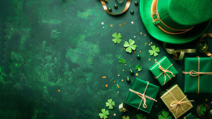 Saint Patrick Day green background with hat, shamrock clover and accessories