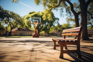 A wooden bench sits in front of a basketball court