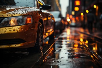 A yellow taxi cab is parked on a wet street