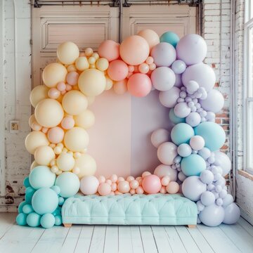 make a camkesmash backdrop with pastel blues and balloon arcade